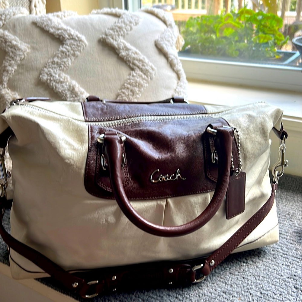 Beautiful beige and brown Coach bag.  10X16